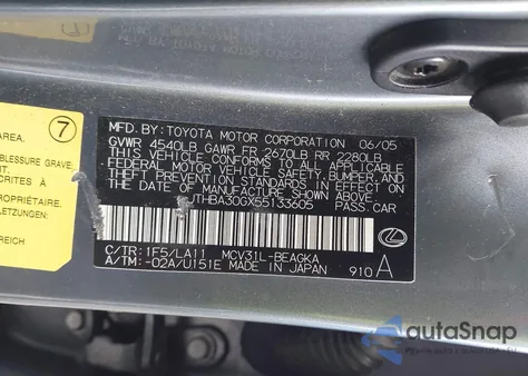 2005 Lexus Es 330 из США, поврежденный, VIN JTHBA30GX55133605